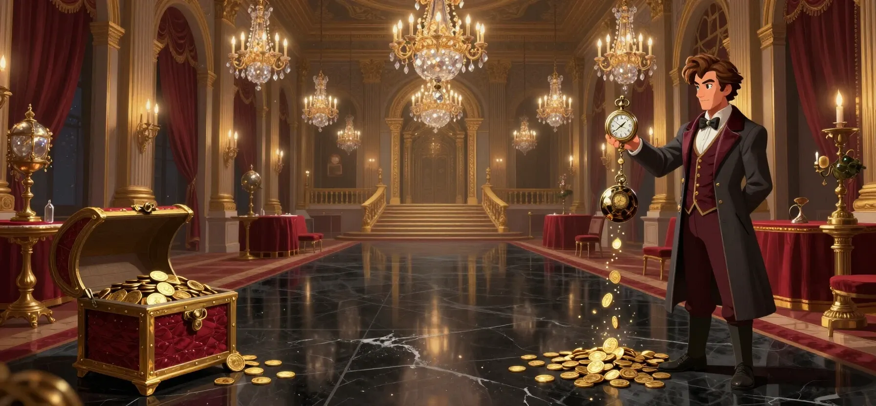 Toptally Casino payout shown as coins moving from a purse into a treasure chest