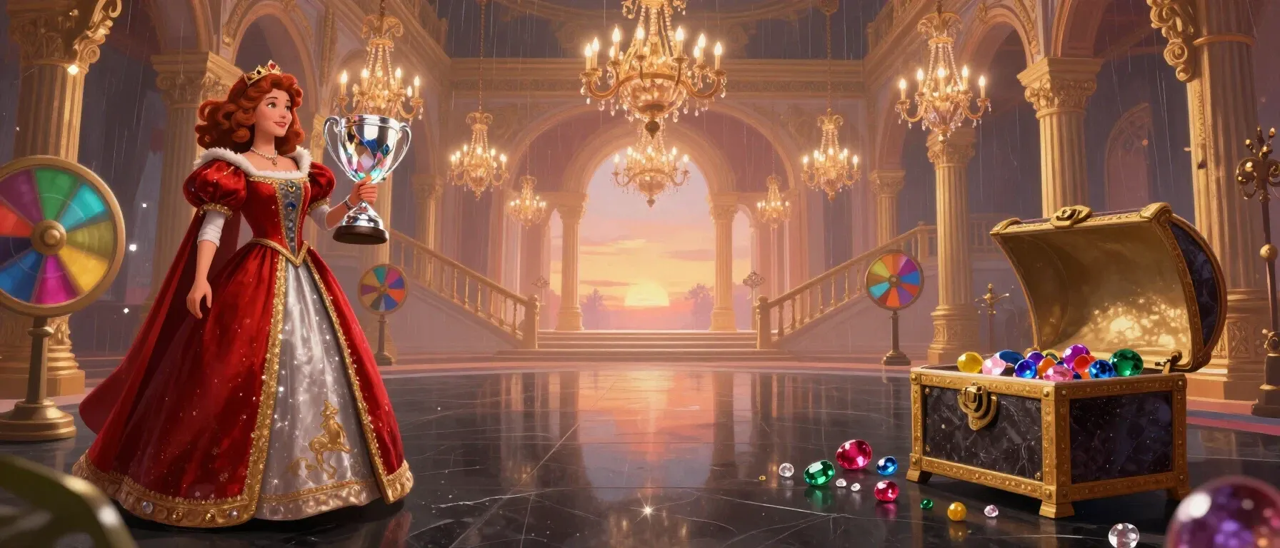 Toptally Casino VIP tournament scene with a trophy, spinning wheels and gemstones
